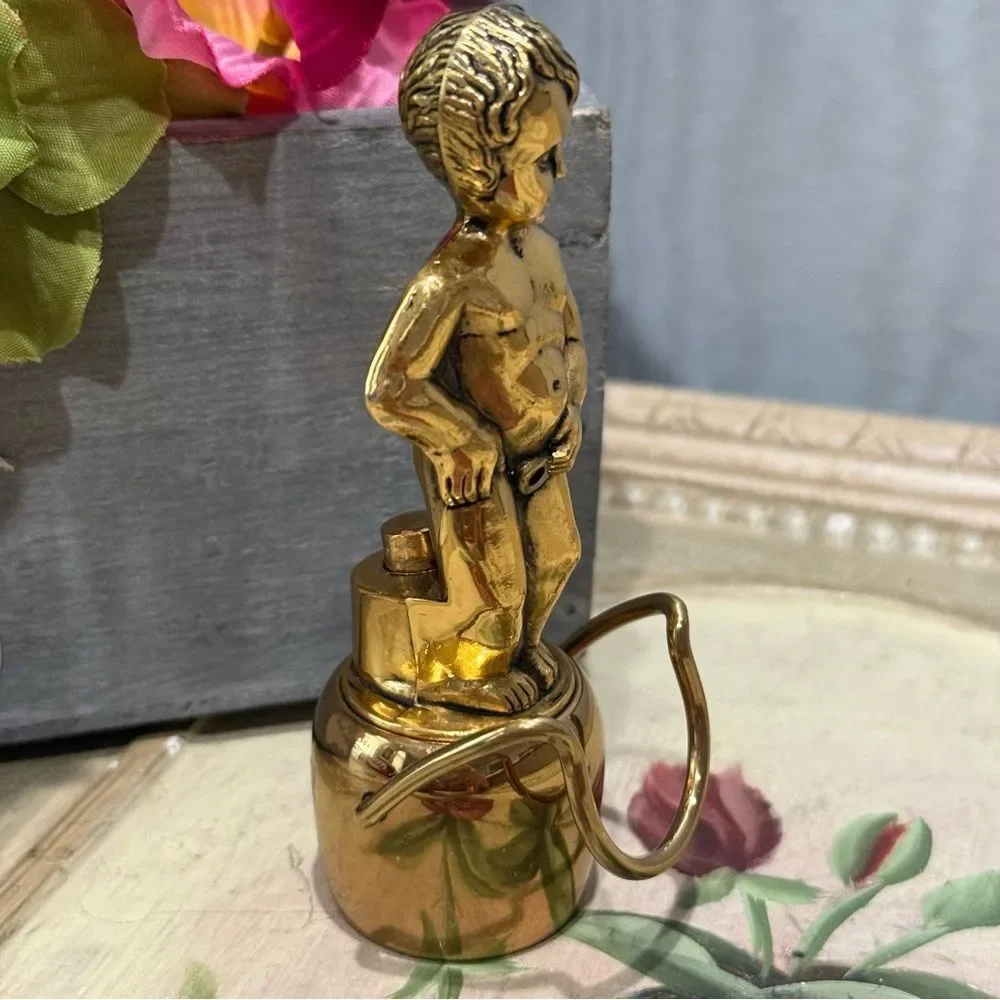 Vintage Heavy Brass Little Boy Bottle Stopper Pour Spout Risqué Whimsical